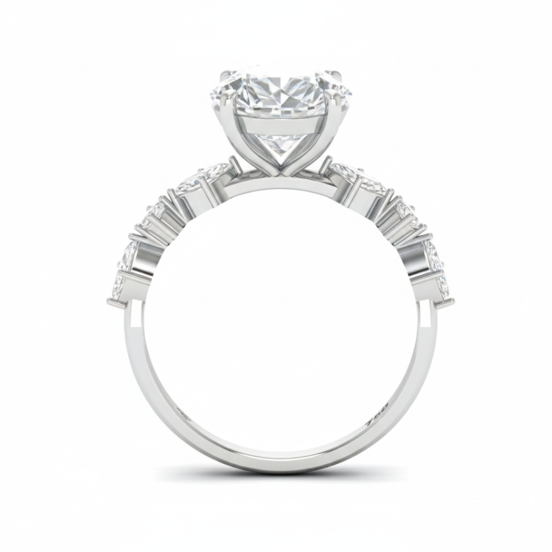 Elizabeth Round Brilliant Cut Diamond Engagement Ring With A Marquise And Round Cut Diamond Band