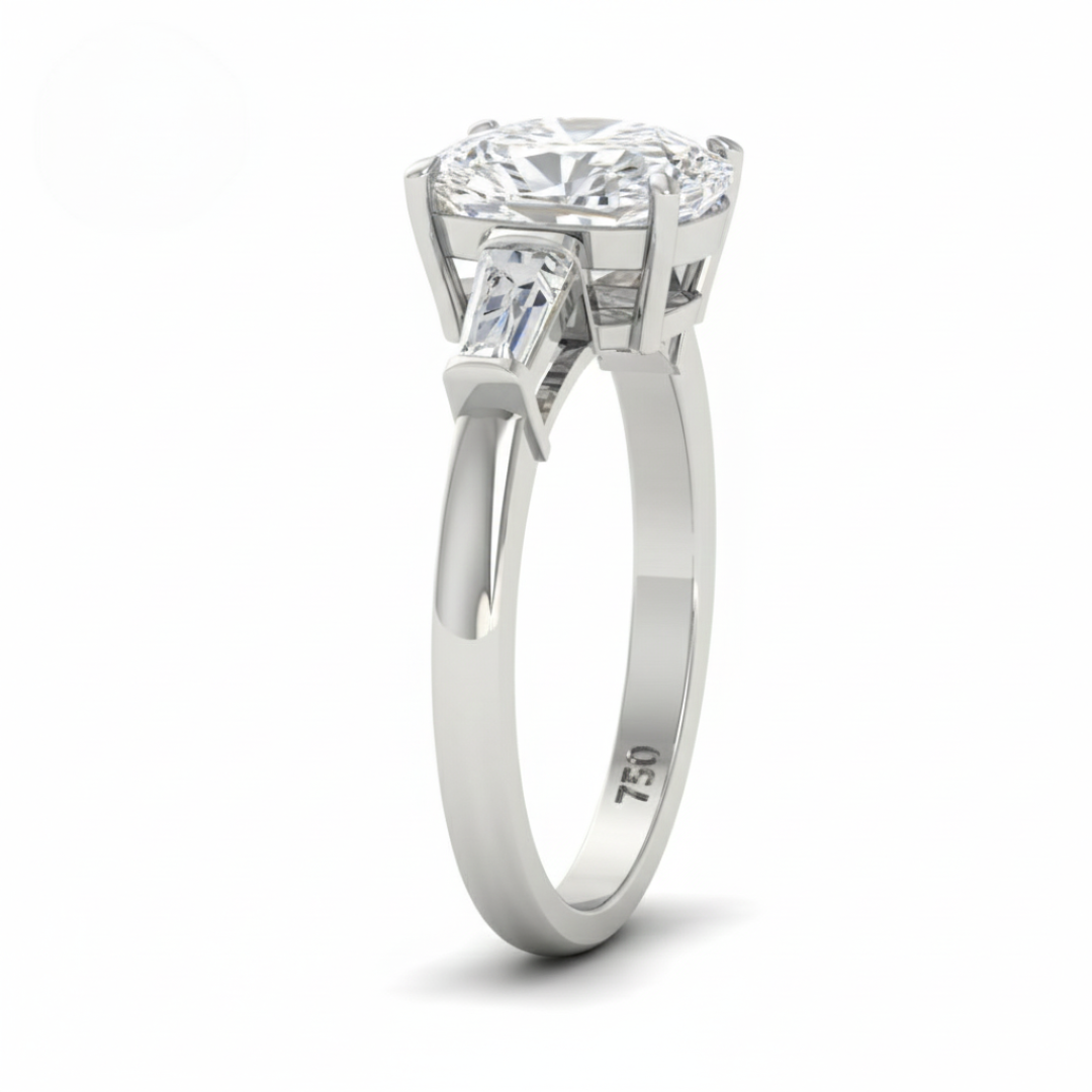Mary Cushion Cut Diamond Engagement Ring with Tapering Baguette Cut Side Diamonds