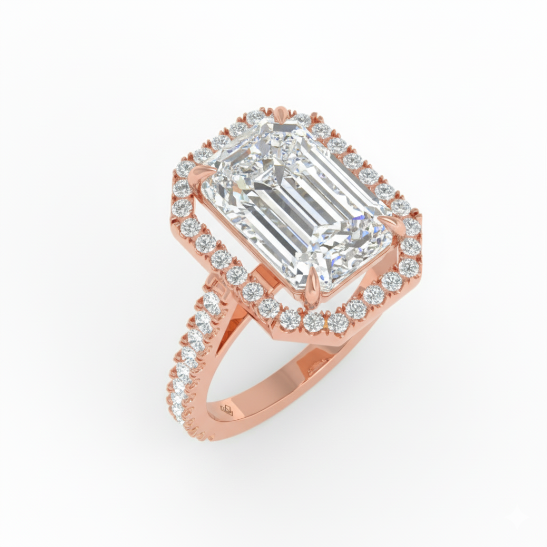 Bella Emerald Cut Diamond Engagement Ring with Diamond Halo & Diamond Band