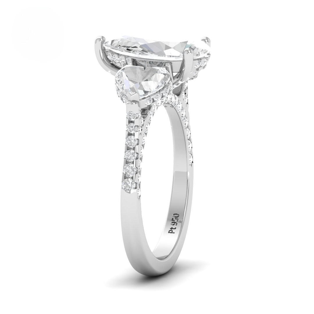 Victoria Pear Cut Diamond Engagement Ring with Heart Cut Side Diamonds and 3D Diamond Band