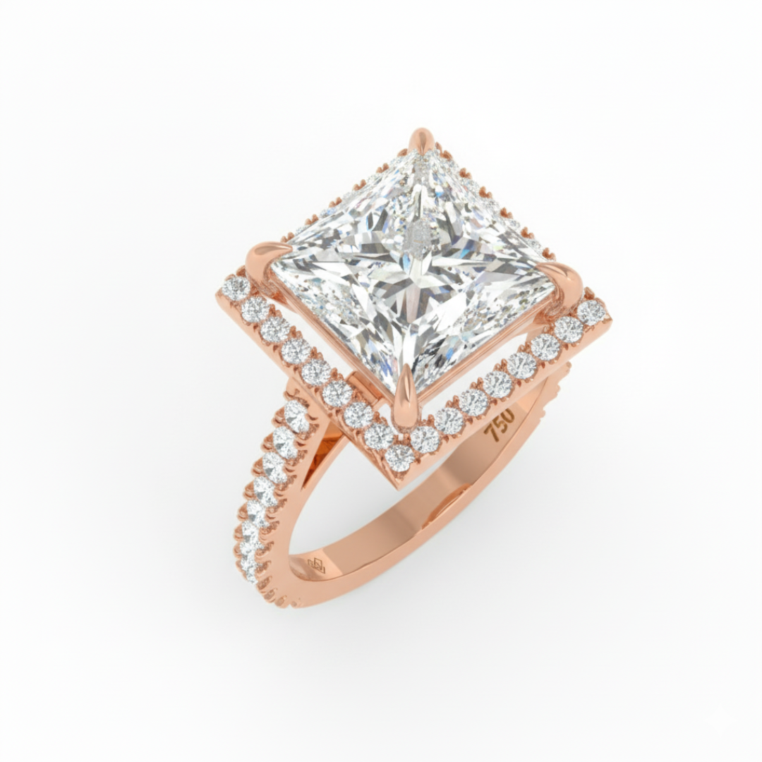 Bella Princess Cut Diamond Engagement Ring with Diamond Halo & Diamond Band