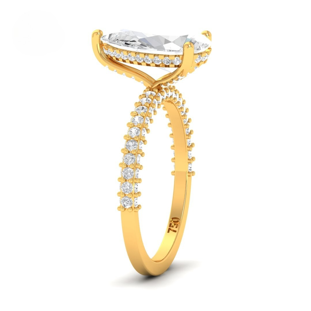 Bague de fiançailles Mia en diamant taille poire avec halo de diamants cachés et anneau en diamant 3D