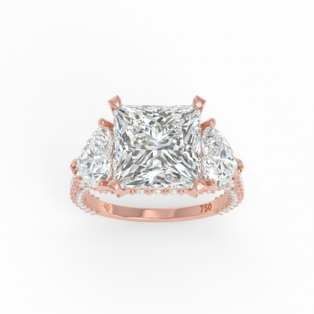 Victoria Princess Cut Diamond Engagement Ring with Heart Cut Side Diamonds and 3D Diamond Band