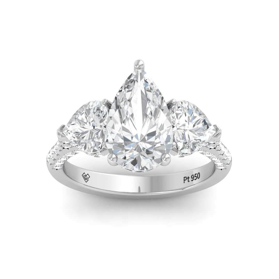 Victoria Pear Cut Diamond Engagement Ring with Heart Cut Side Diamonds and 3D Diamond Band
