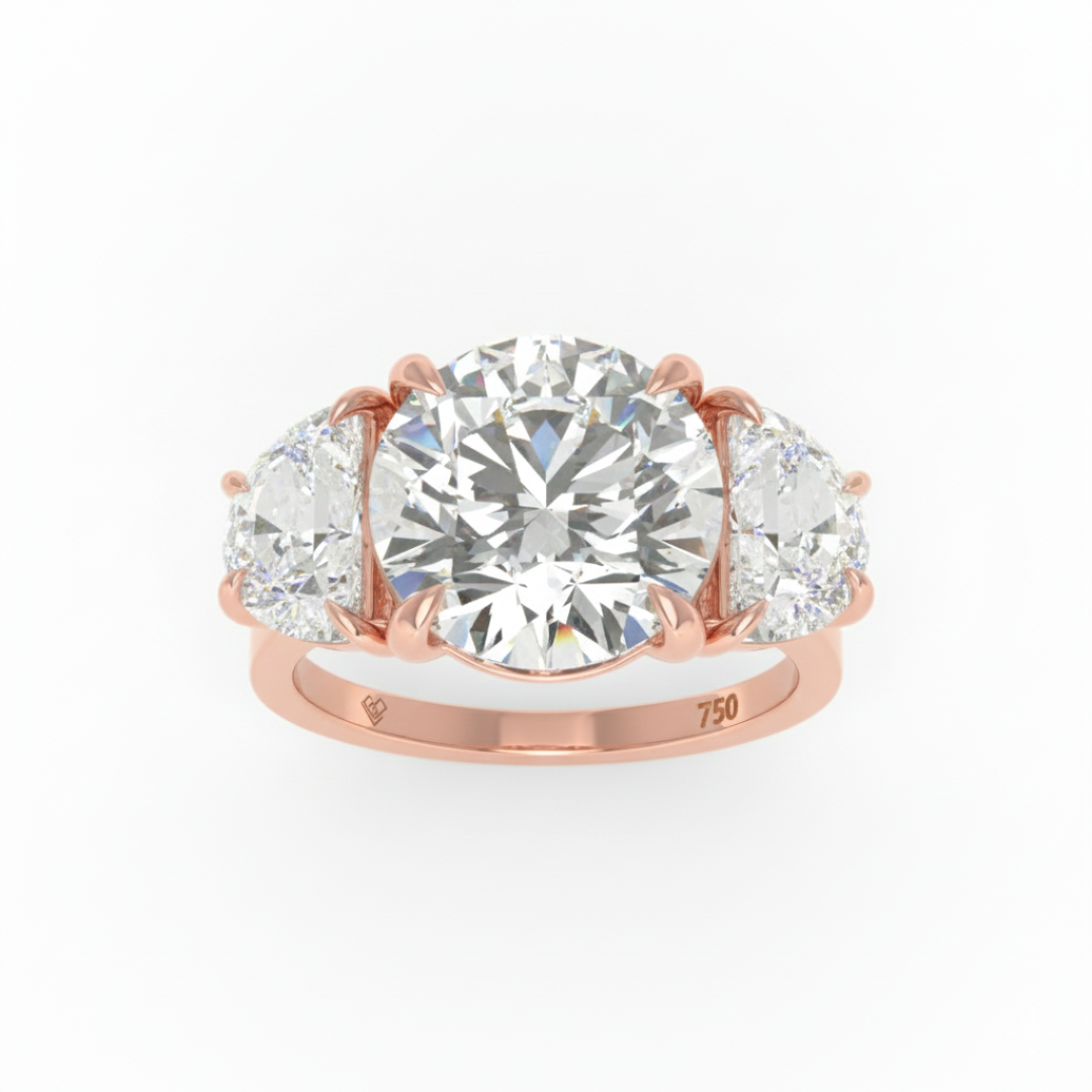 Kamala Round Brilliant Cut Diamond Engagement Ring With Half Moon Cut Side Diamond