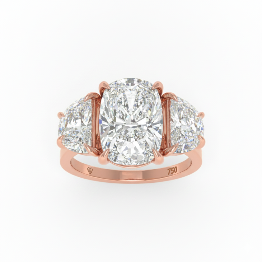 Kamala Cushion Cut Diamond Engagement Ring with Half Moon Cut Side Diamonds