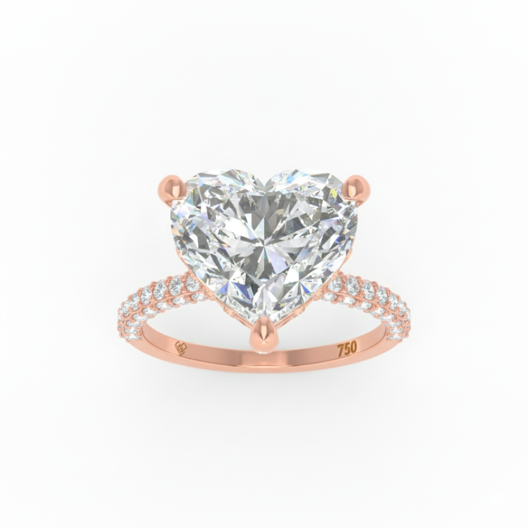 Bague de fiançailles Mia en diamant taille cœur avec halo de diamants cachés et anneau en diamant 3D