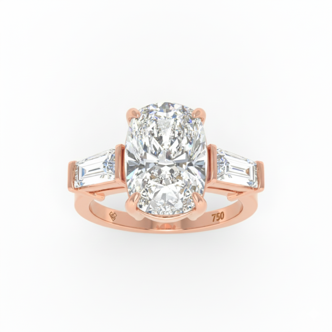 Mary Cushion Cut Diamond Engagement Ring with Tapering Baguette Cut Side Diamonds