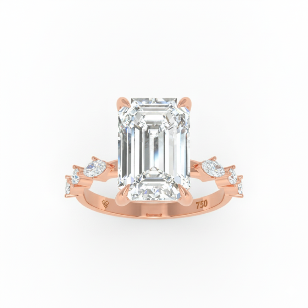 Elizabeth Emerald Cut Diamond Engagement Ring With A Marquise and Round Cut Diamond Band