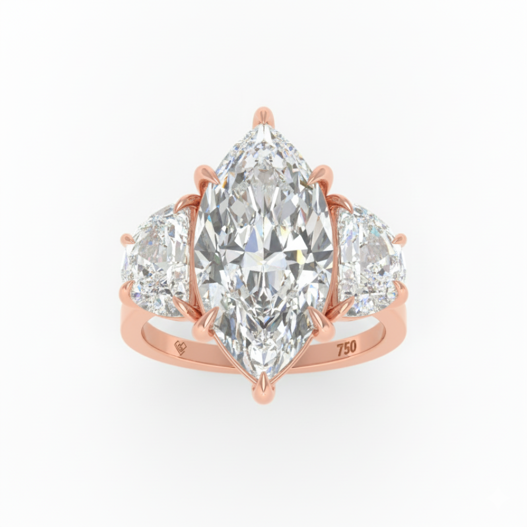 Kamala Marquise Cut Diamond Enagement Ring with Half Moon Cut Side Diamonds