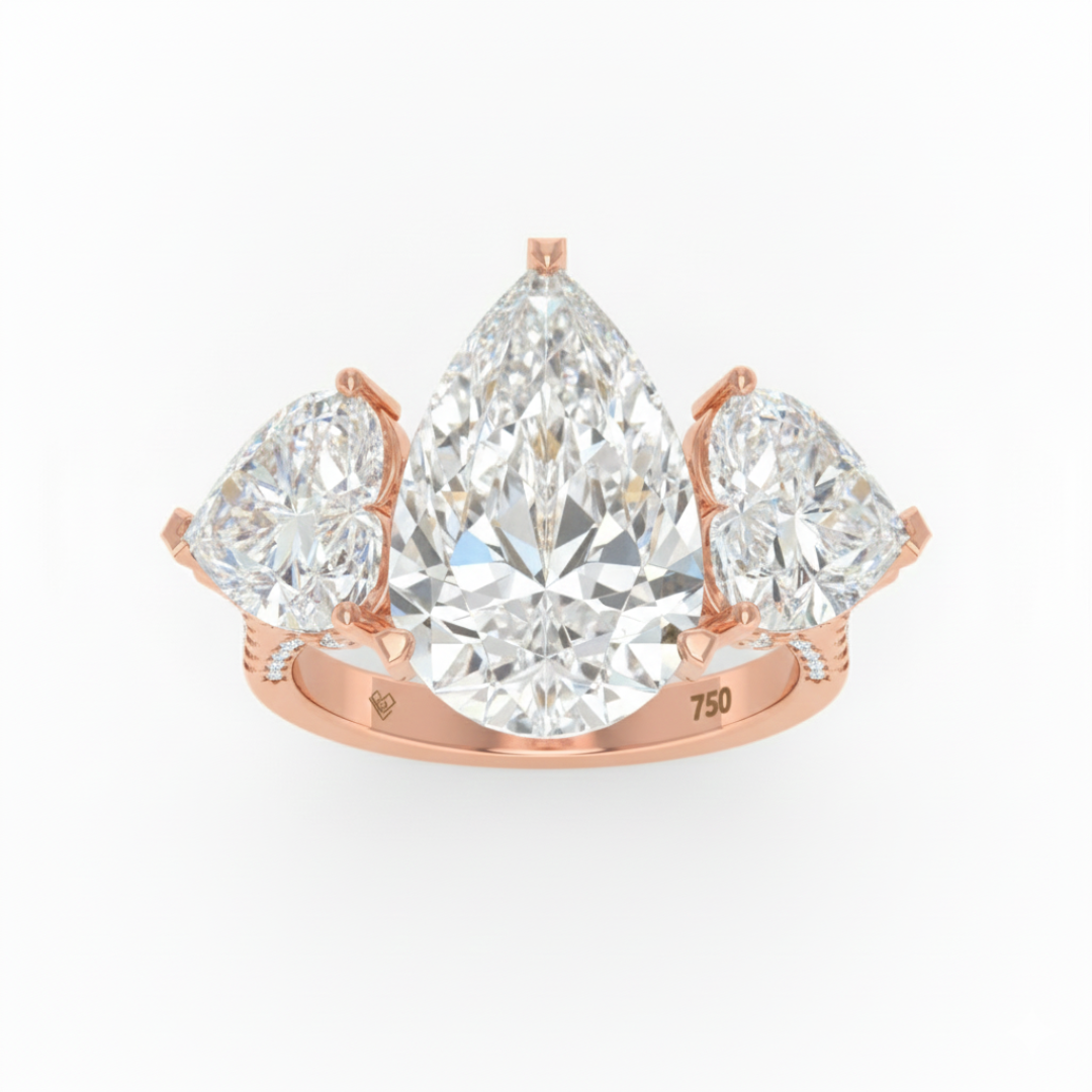 Victoria Pear Cut Diamond Engagement Ring with Heart Cut Side Diamonds and 3D Diamond Band