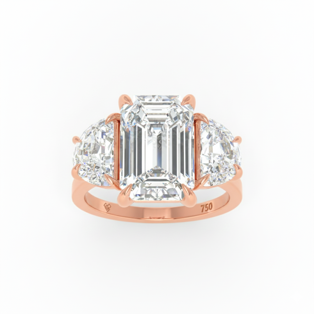 Kamala Emerald Cut Diamond Engagement Ring with Half Moon Cut Sides Diamonds