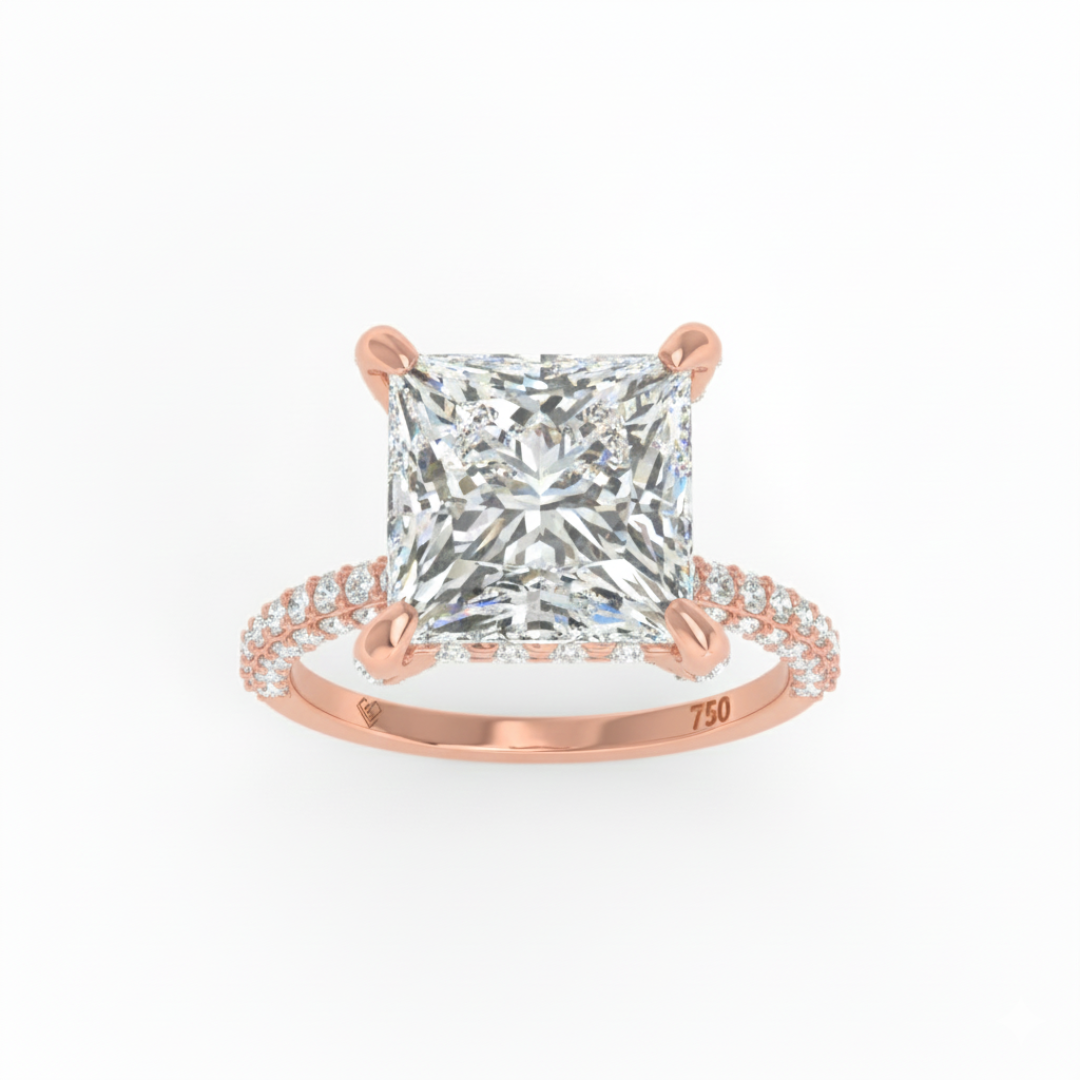Bague de fiançailles Mia en diamant taille princesse avec halo de diamants cachés et anneau en diamant 3D