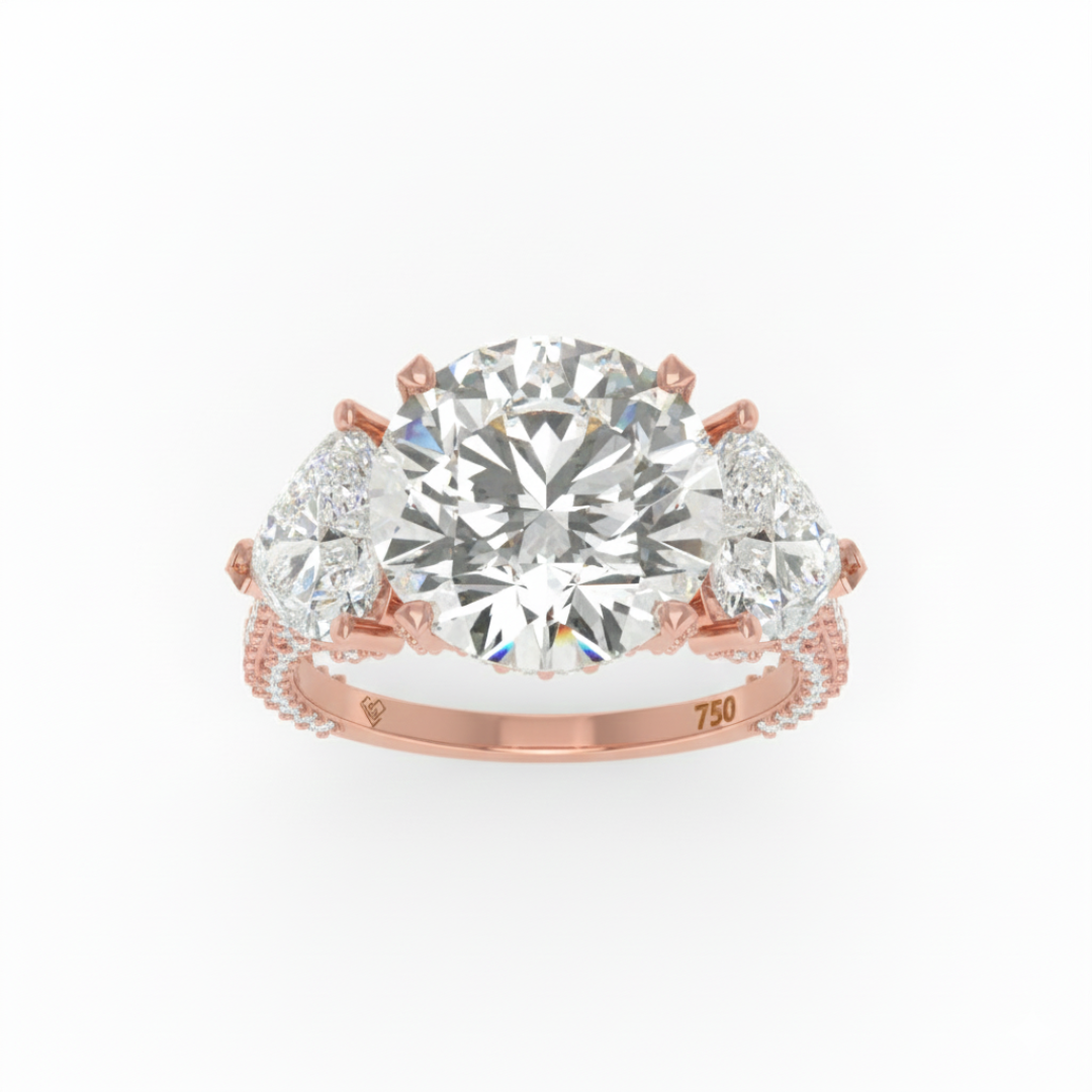 Victoria Round Brilliant Cut Diamond Engagement Ring with Heart Cut Side Diamonds and 3D Diamond Band