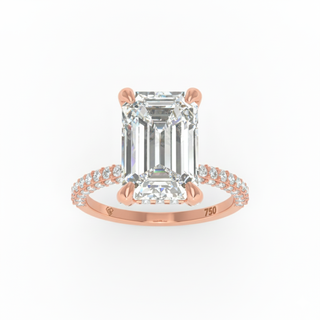 Mia Emerald Cut Diamond Engagement Ring with Diamond Hidden Halo and 3D Diamond Band
