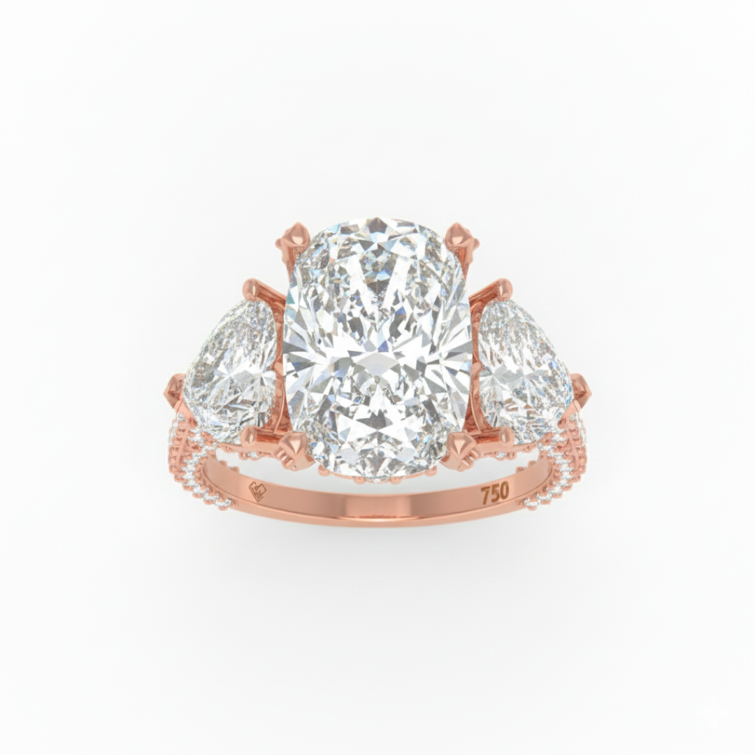 Victoria Cushion Cut Diamond Engagement Ring with Heart Cut Side Diamonds and 3D Diamond Band