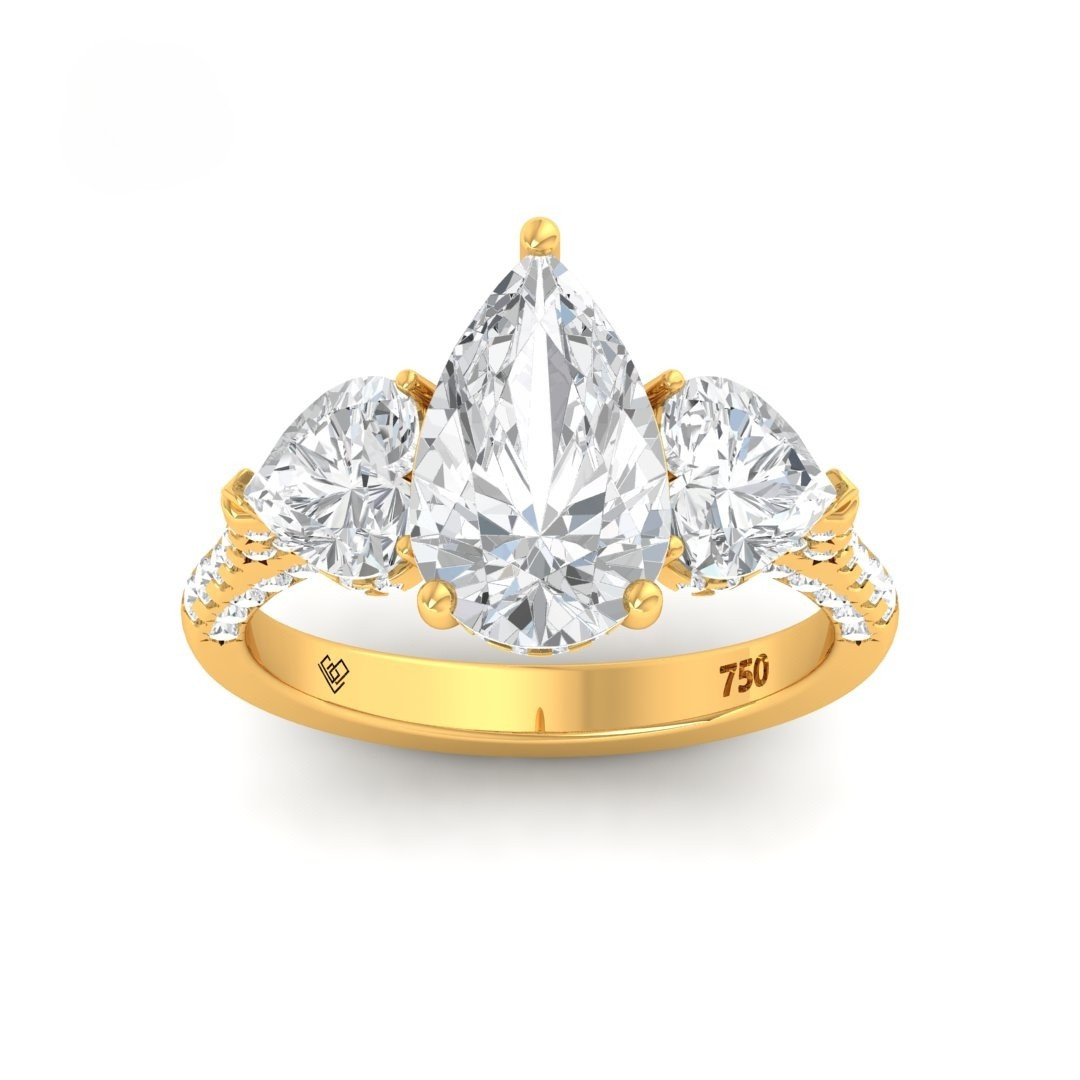 Victoria Pear Cut Diamond Engagement Ring with Heart Cut Side Diamonds and 3D Diamond Band