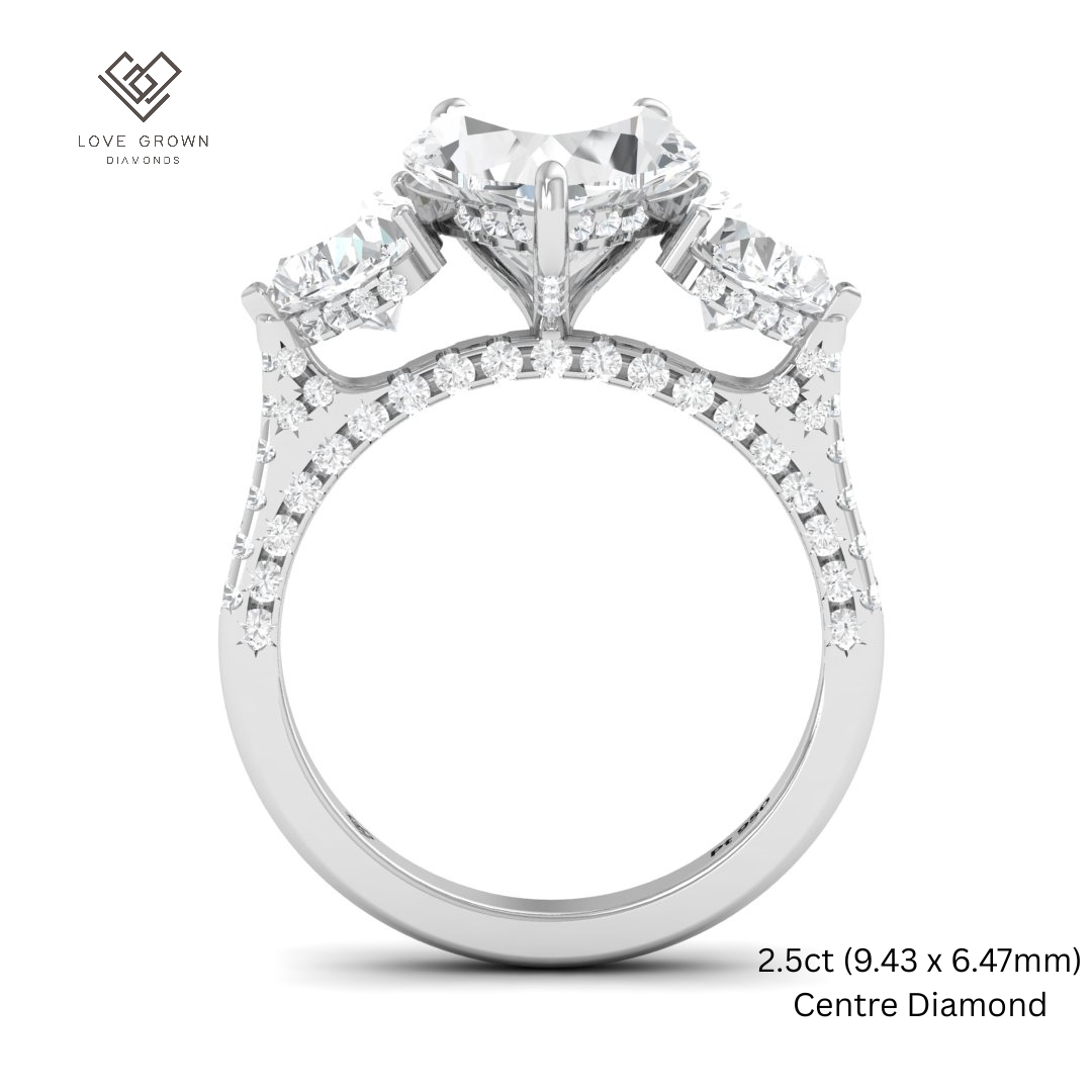 Victoria Heart Cut Diamond Engagement Ring with Heart Cut Side Diamonds and 3D Diamond Band
