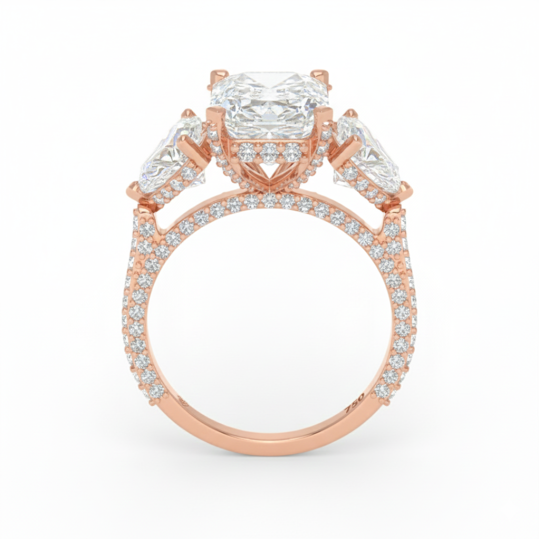 Victoria Emerald Cut Diamond Engagement Ring with Heart Cut Side Diamonds and 3D Diamond Band