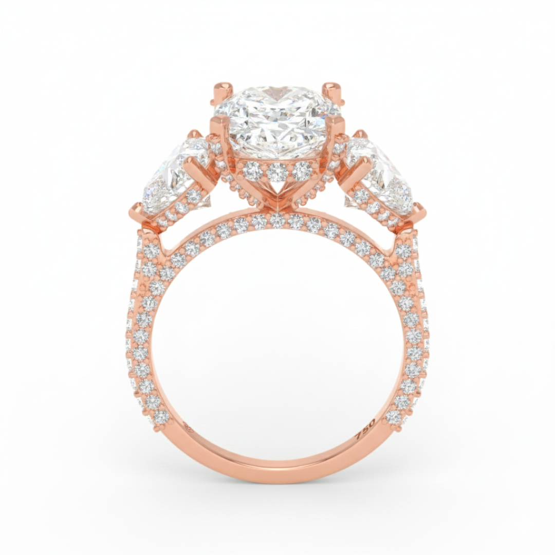 Victoria Cushion Cut Diamond Engagement Ring with Heart Cut Side Diamonds and 3D Diamond Band