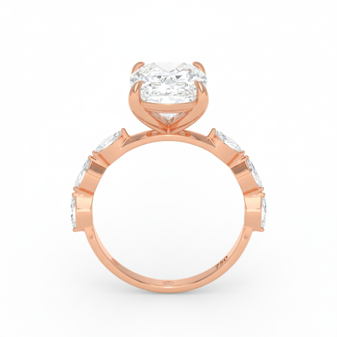 Kasandra Cushion Cut Diamond Engagement Ring With A Marquise Cut Diamond Band