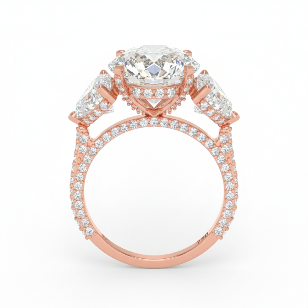 Victoria Round Brilliant Cut Diamond Engagement Ring with Heart Cut Side Diamonds and 3D Diamond Band