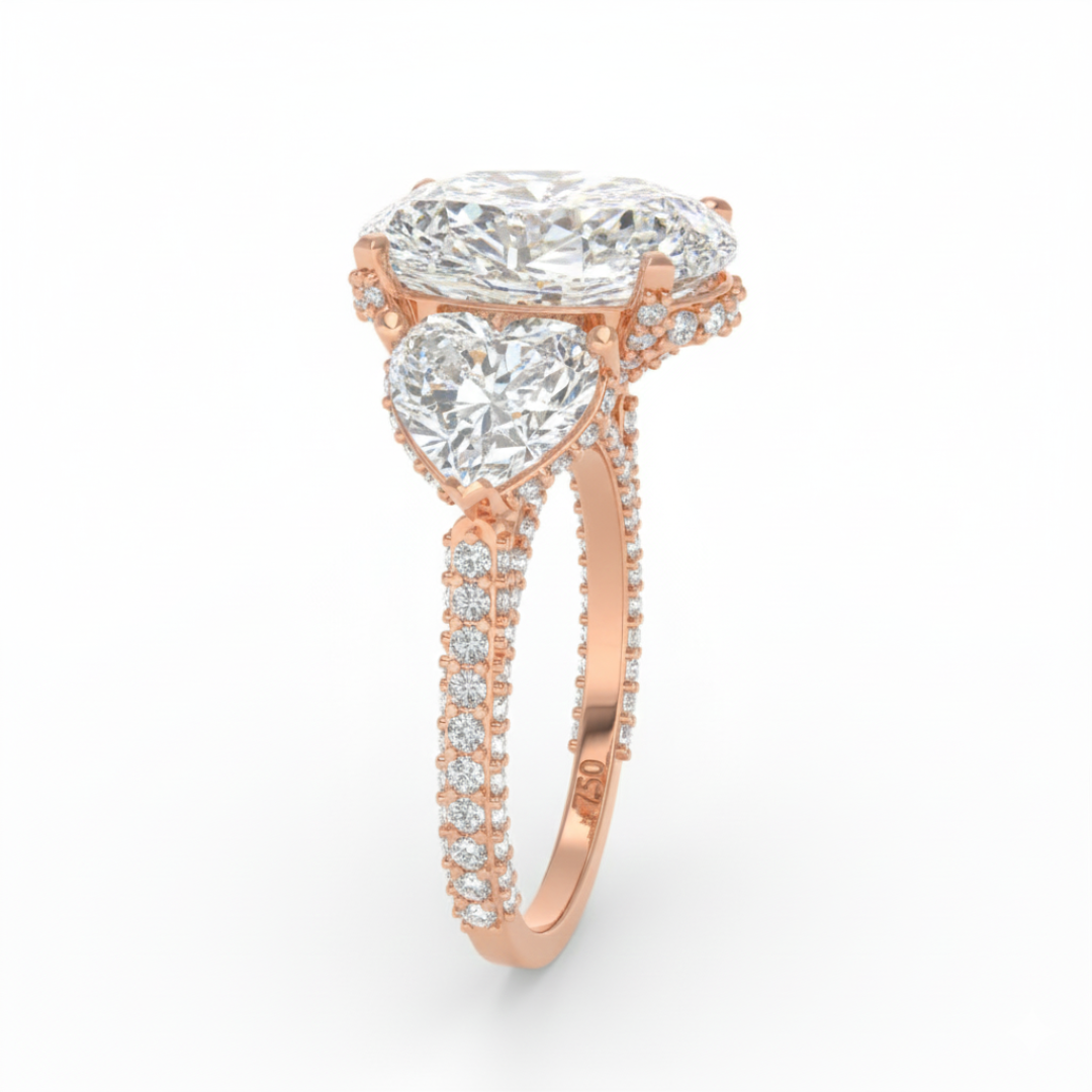 Victoria Oval Cut Diamond Engagement Ring with Heart Cut Side Diamonds and 3D Diamond Band