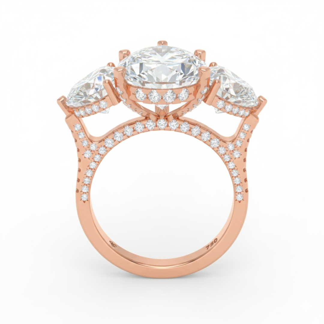 Victoria Pear Cut Diamond Engagement Ring with Heart Cut Side Diamonds and 3D Diamond Band