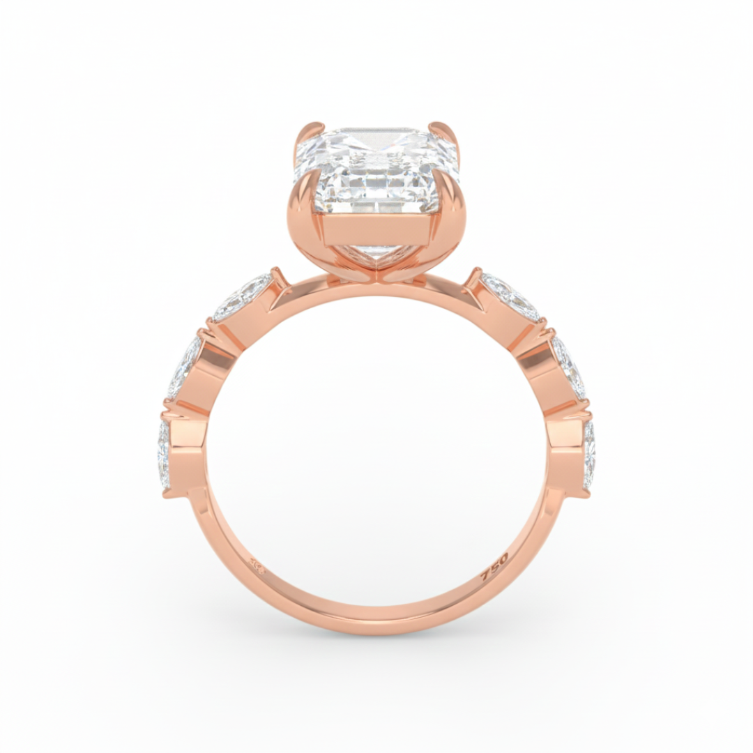 卡桑德拉祖母綠切割鑽石訂婚戒指,搭配馬眼形切割鑽石戒圈