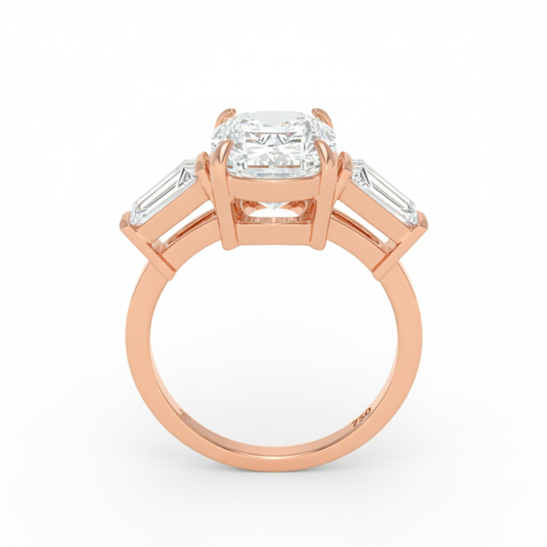 Mary Cushion Cut Diamond Engagement Ring with Tapering Baguette Cut Side Diamonds