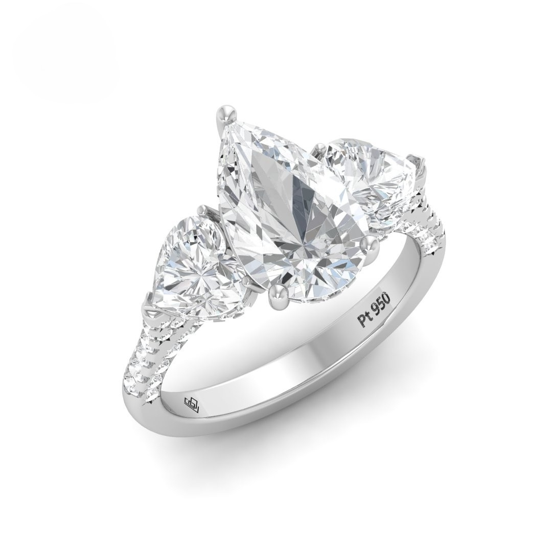 Victoria Pear Cut Diamond Engagement Ring with Heart Cut Side Diamonds and 3D Diamond Band