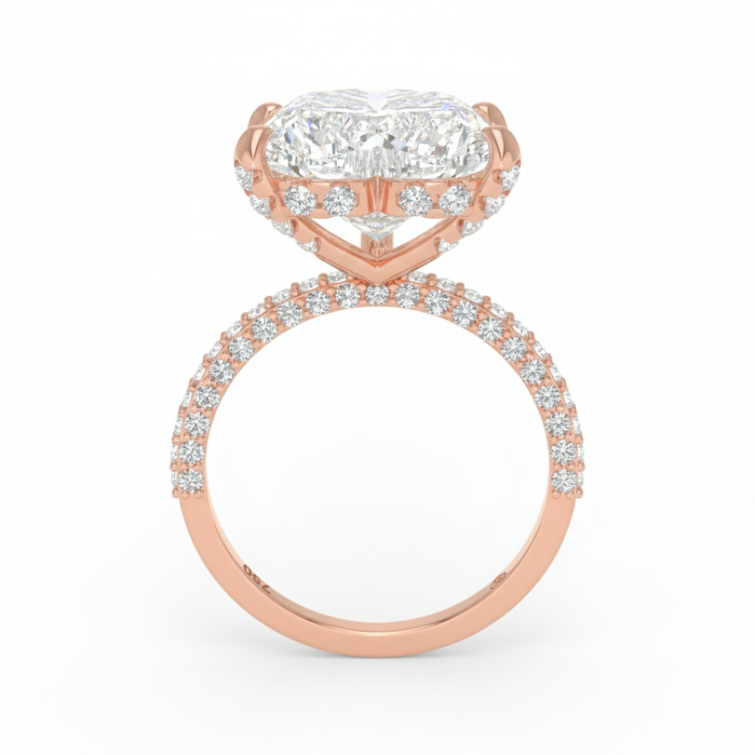Bague de fiançailles Mia en diamant taille cœur avec halo de diamants cachés et anneau en diamant 3D