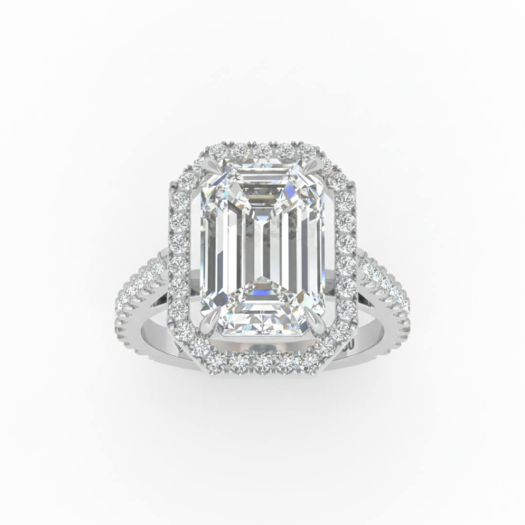 Bella Emerald Cut Diamond Engagement Ring with Diamond Halo & Diamond Band