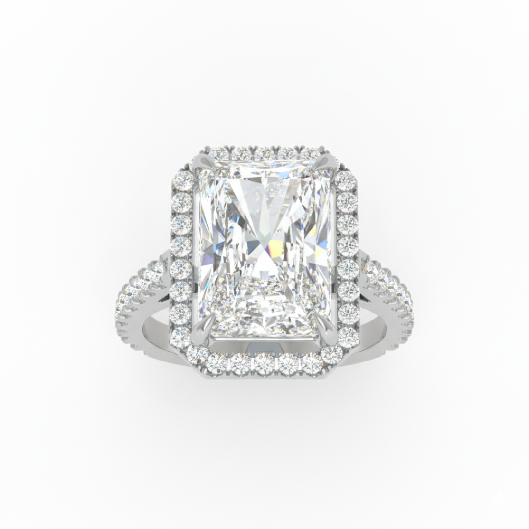 Bella Radiant Cut Diamond Engagement Ring with Diamond Halo & Diamond Band