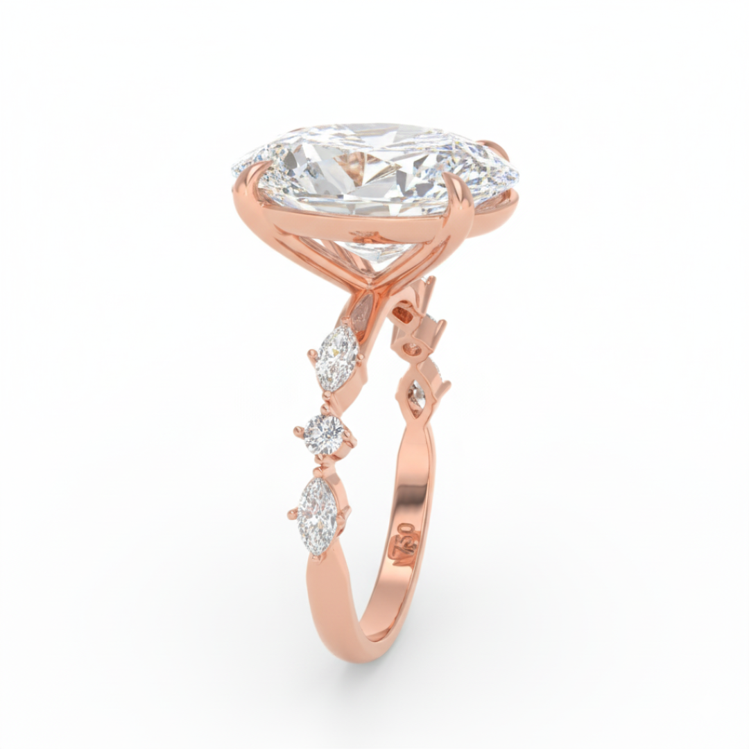 Elizabeth Oval Cut Diamond Engagement Ring With A Marquise And Round Cut Diamond Band.