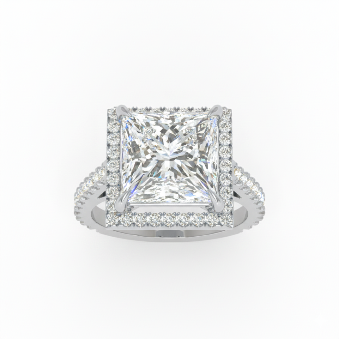 Bella Princess Cut Diamond Engagement Ring with Diamond Halo & Diamond Band