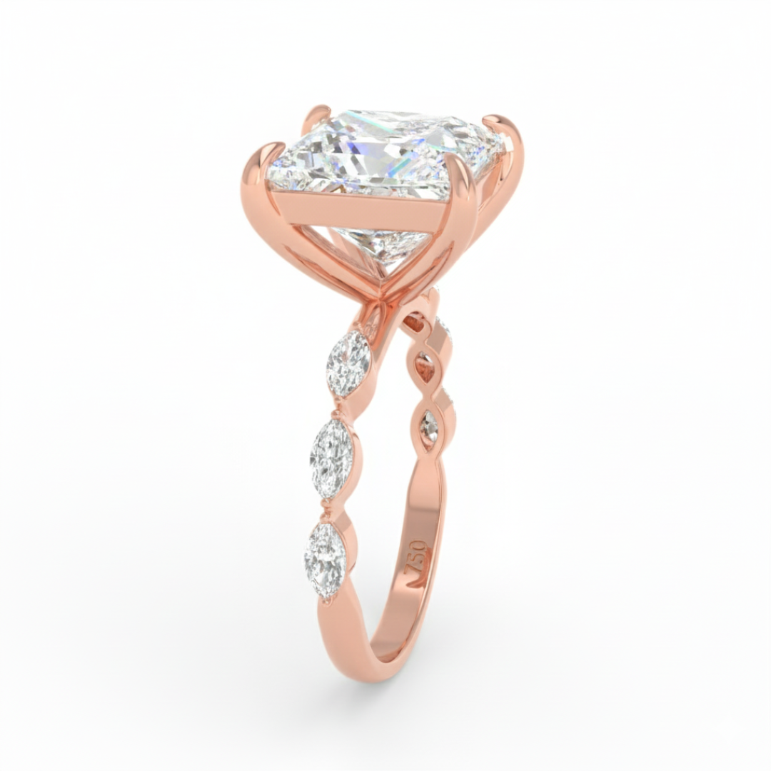 Kasandra Princess Cut Diamond Engagement Ring With A Marquise Cut and Diamond Band