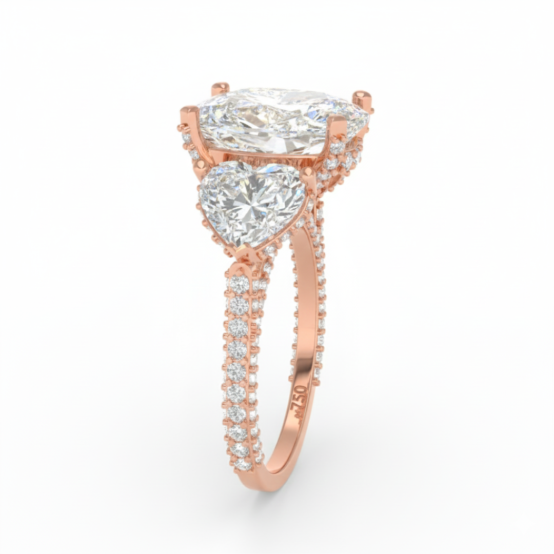 Victoria Cushion Cut Diamond Engagement Ring with Heart Cut Side Diamonds and 3D Diamond Band