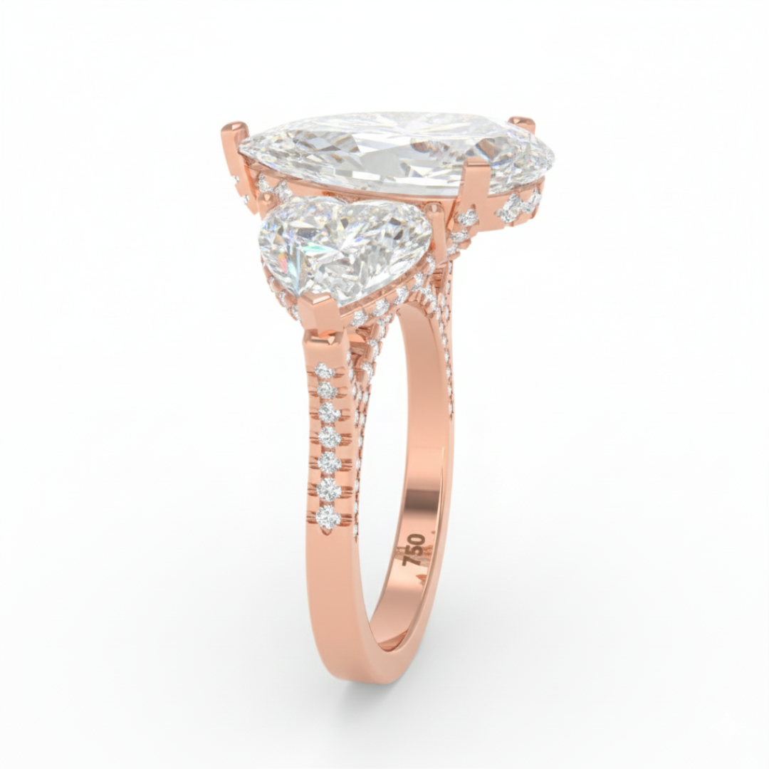 Victoria Pear Cut Diamond Engagement Ring with Heart Cut Side Diamonds and 3D Diamond Band