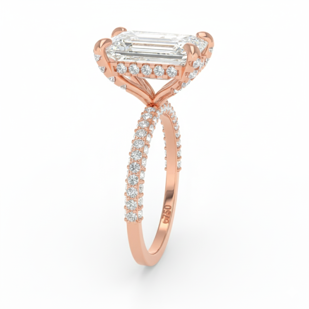 Mia Emerald Cut Diamond Engagement Ring with Diamond Hidden Halo and 3D Diamond Band