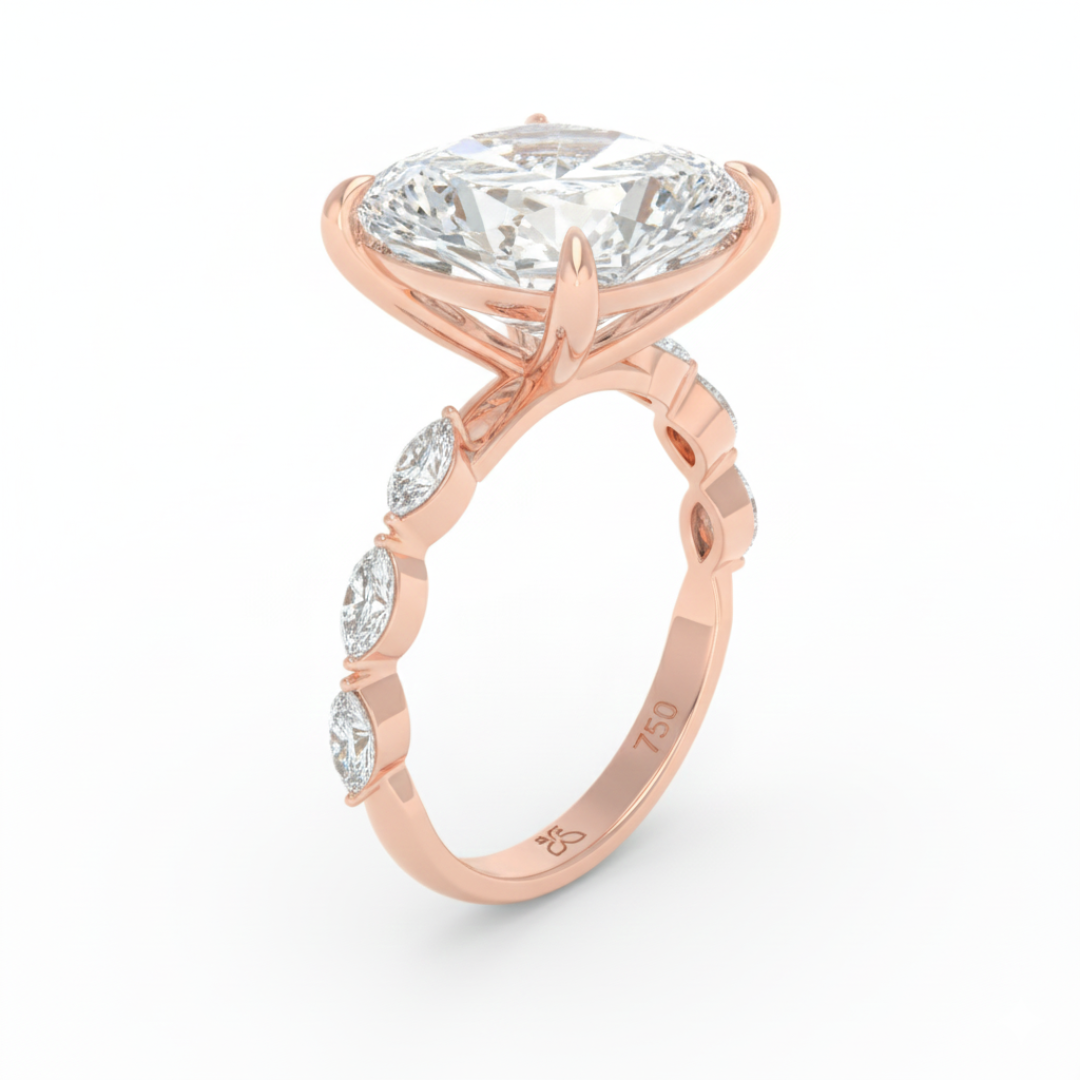 Kasandra Cushion Cut Diamond Engagement Ring With A Marquise Cut Diamond Band