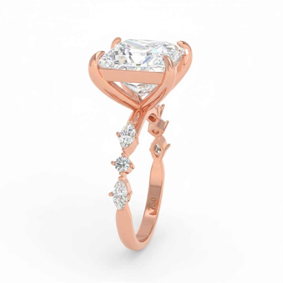 Elizabeth Princess Cut Diamond Engagement Ring With A Marquise and Round Cut Diamond Band