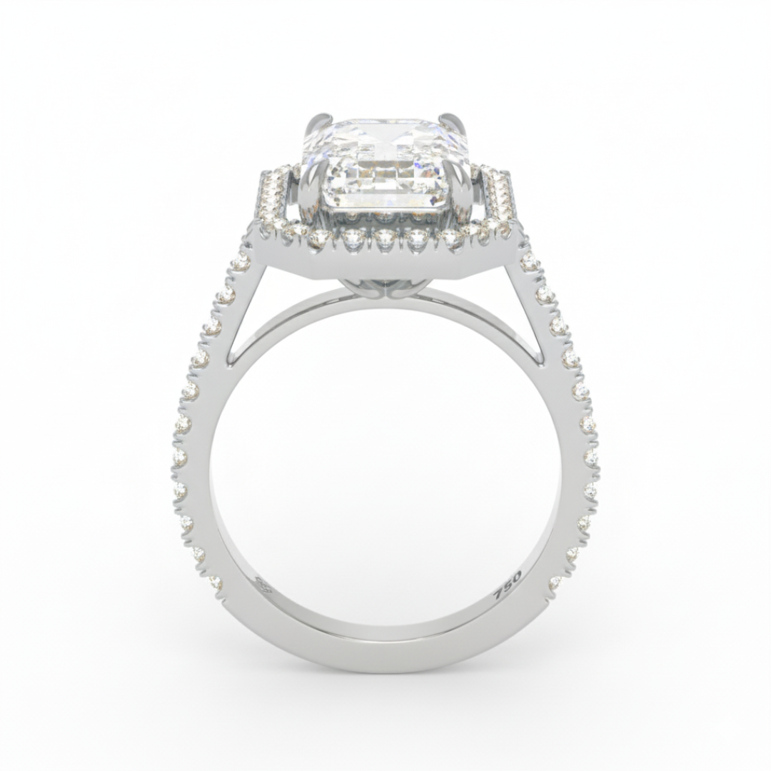 Bague de fiançailles Bella en diamant taille émeraude avec halo et anneau sertis de diamants.