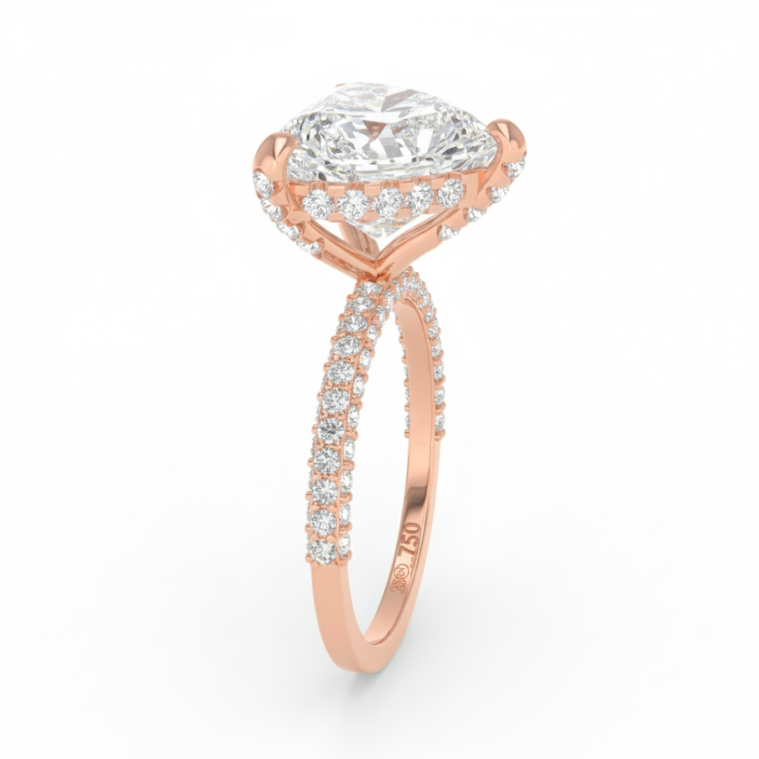 Bague de fiançailles Mia en diamant taille cœur avec halo de diamants cachés et anneau en diamant 3D