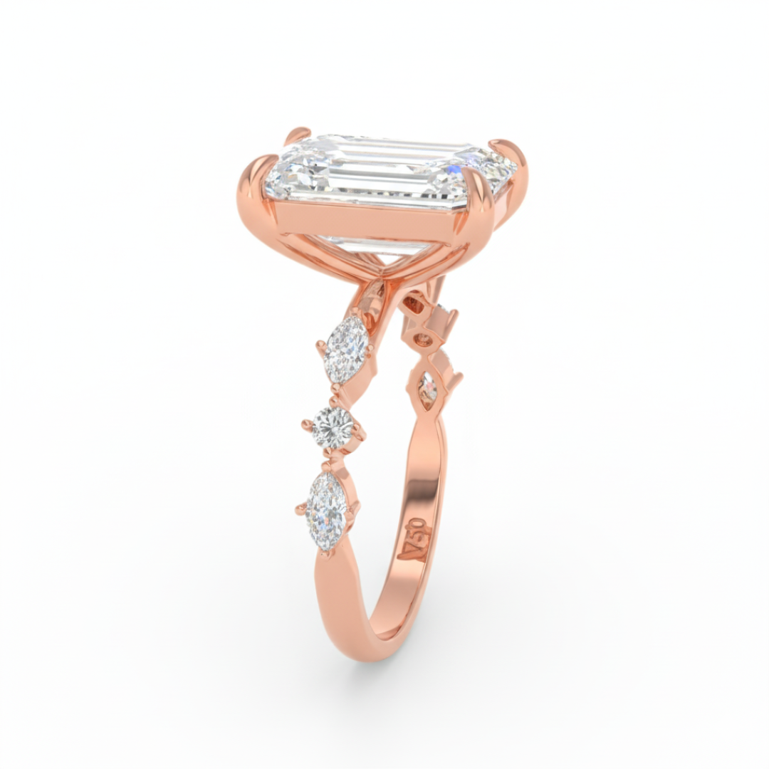 Elizabeth Emerald Cut Diamond Engagement Ring With A Marquise and Round Cut Diamond Band