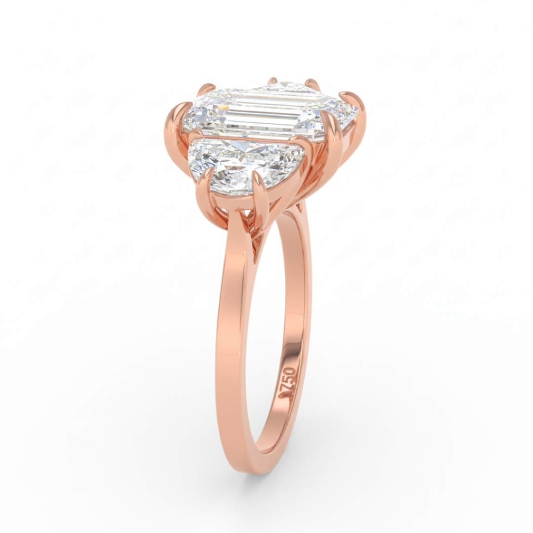 Kamala Emerald Cut Diamond Engagement Ring with Half Moon Cut Sides Diamonds