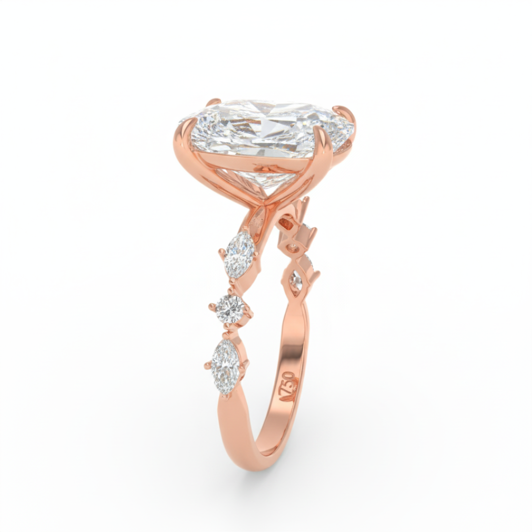 Elizabeth Cushion Diamond Engagement Ring With A Marquise and Round Cut Diamond Band