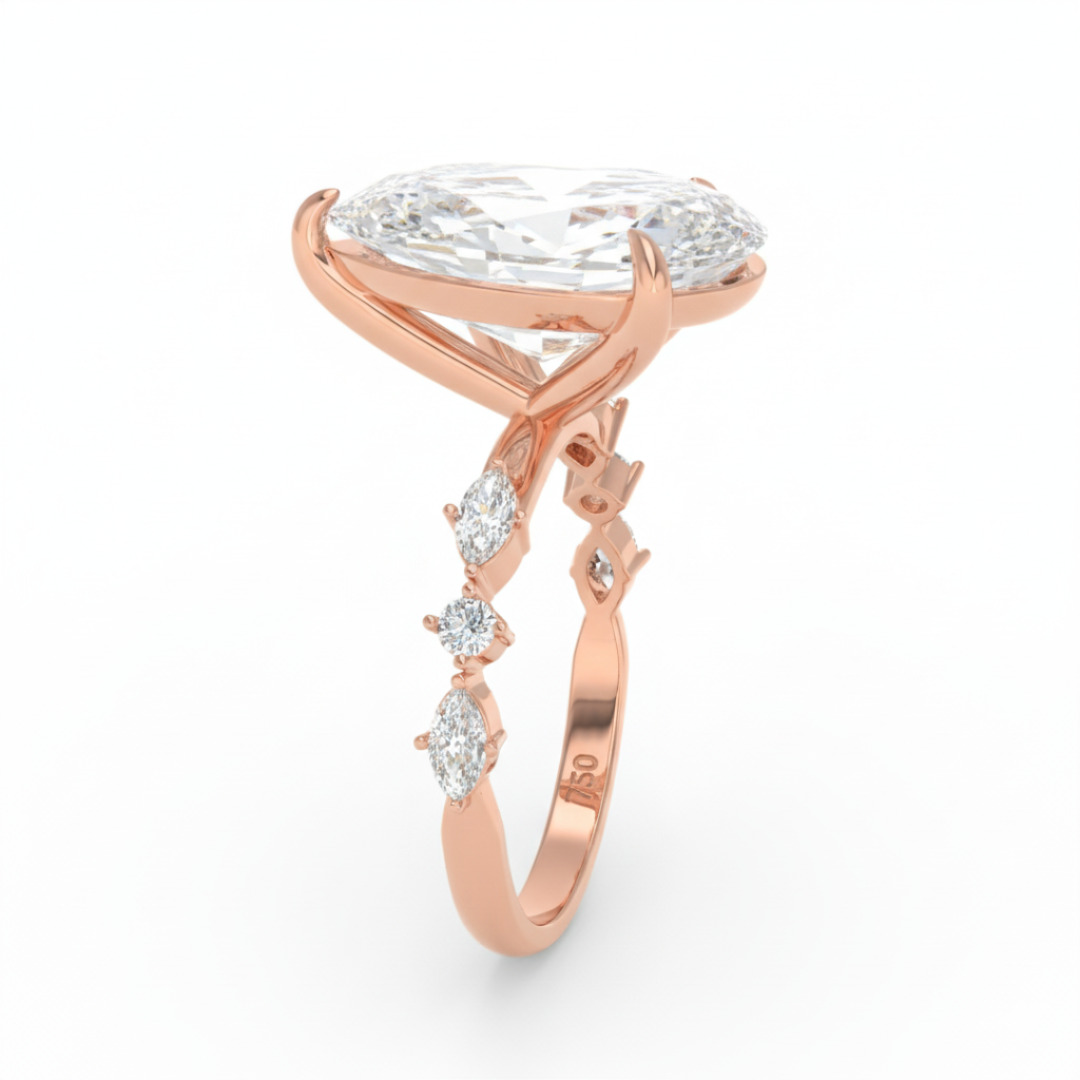 Elizabeth Pear Cut Diamond Engagement Ring With A Marquise And Round Cut Diamond Band