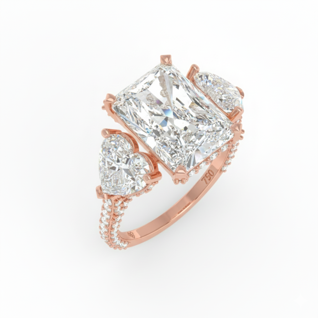 Victoria Radiant Cut Diamond Engagement Ring with Heart Cut Side Diamonds and 3D Diamond Band