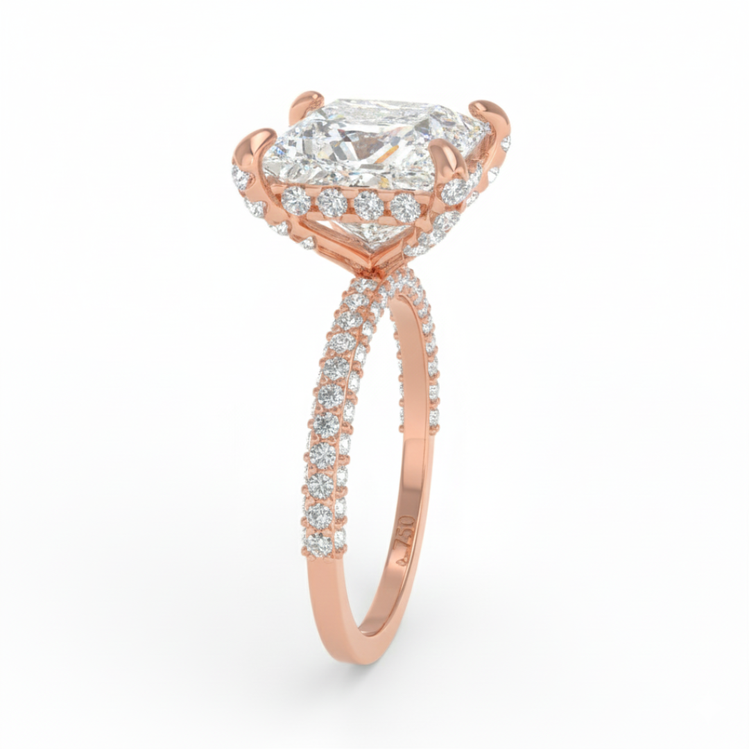 Bague de fiançailles Mia en diamant taille princesse avec halo de diamants cachés et anneau en diamant 3D